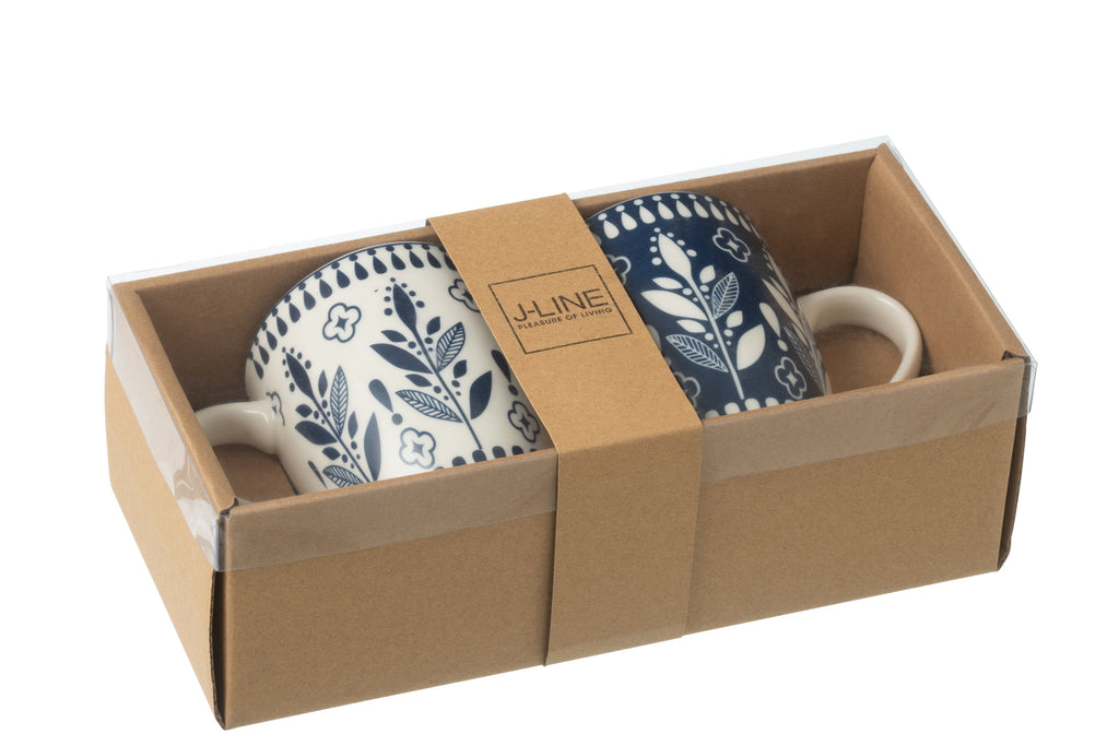 J-Line Doos met 2 mokken bladeren keramiek donkerblauw