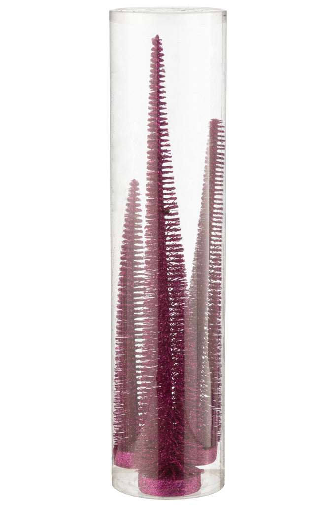 J-Line Doos met 3 kerstboomdecoratieglitters, plastic, fuchsia