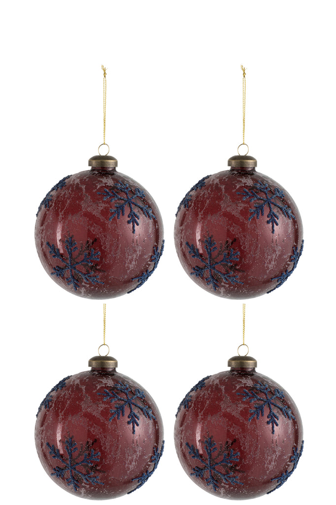 J-Line Doos met 4 kerstballen sneeuwvlok glas blauw/rood medium