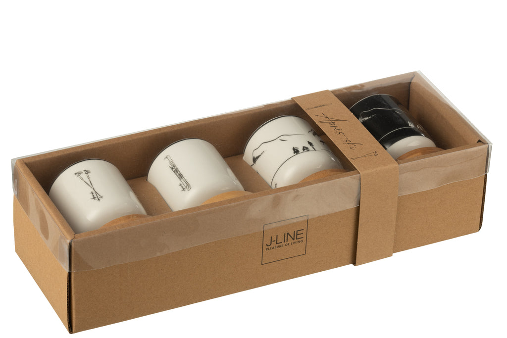 J-Line Doos met 4 koffiekopjes + bamboe schotel Windownbox Keramiek Zwart/Wit