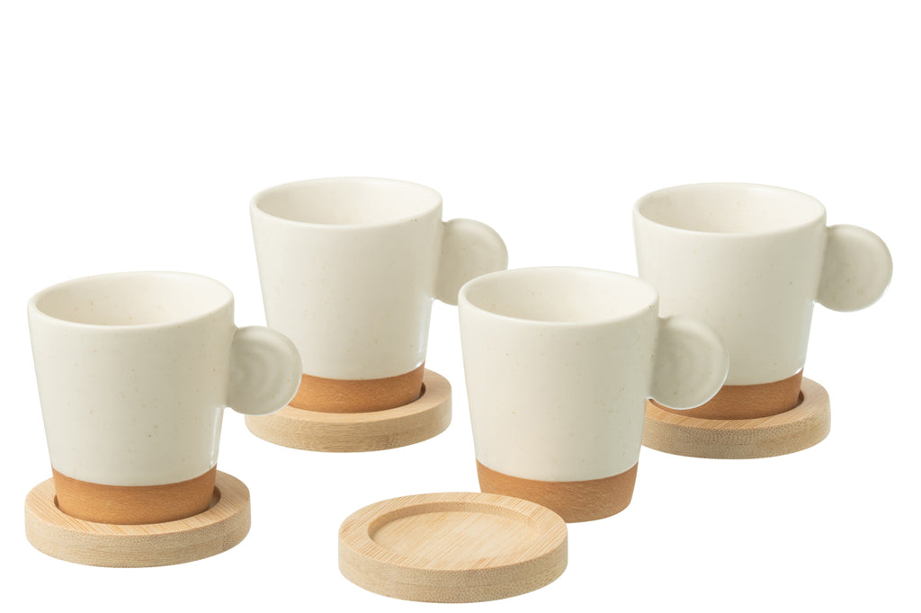 J-Line Doos met 4 koffiekopjes Oor+Bamboe Basis Keramiek Wit/Natuurlijk