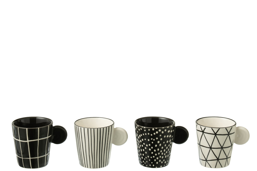 J-Line Doos met 4 koffiekopjes van aardewerk zwart/wit