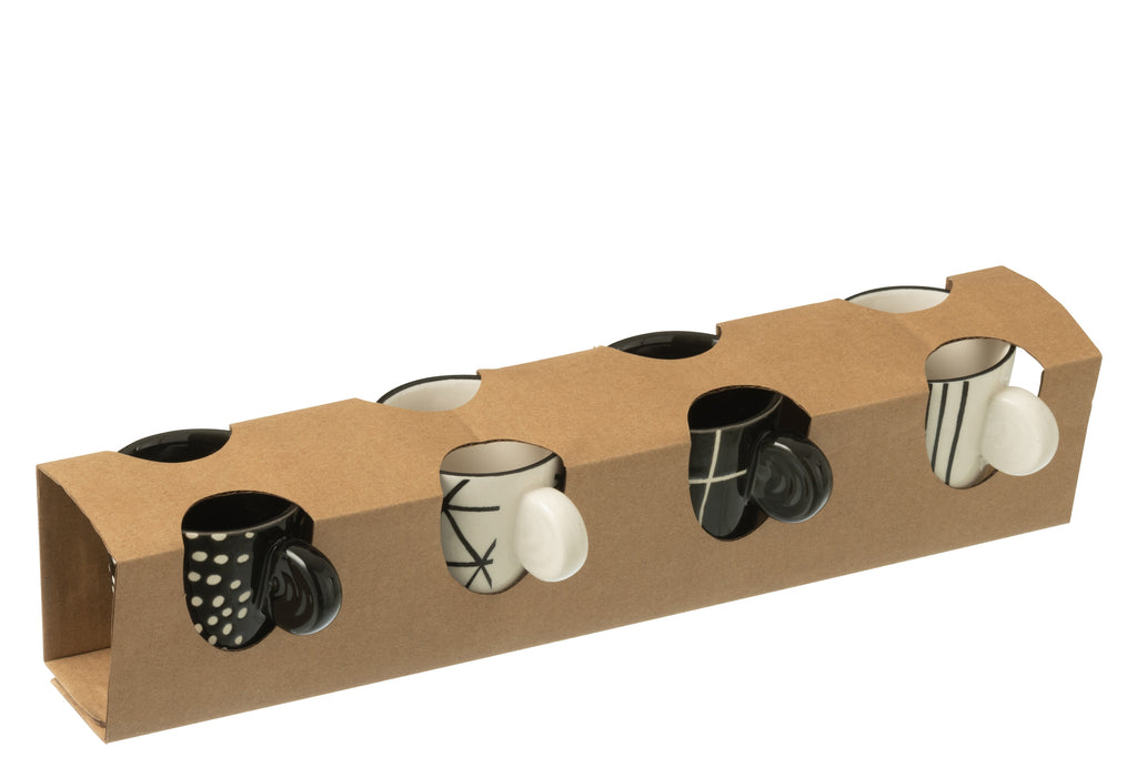 J-Line Doos met 4 koffiekopjes van aardewerk zwart/wit