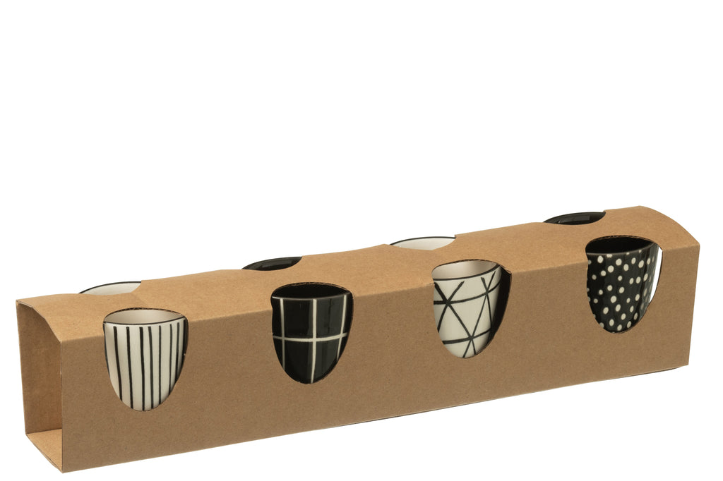 J-Line Doos met 4 koffiekopjes van aardewerk zwart/wit