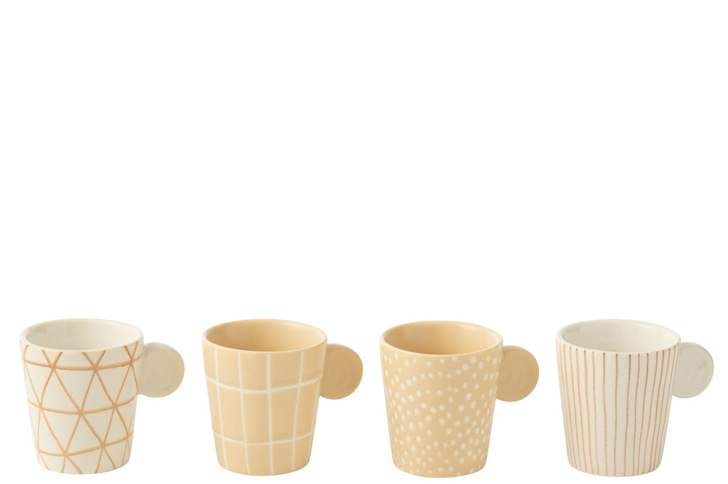 J-Line Doos met 4 koffiekopjes van aardewerk in crème/wit.
