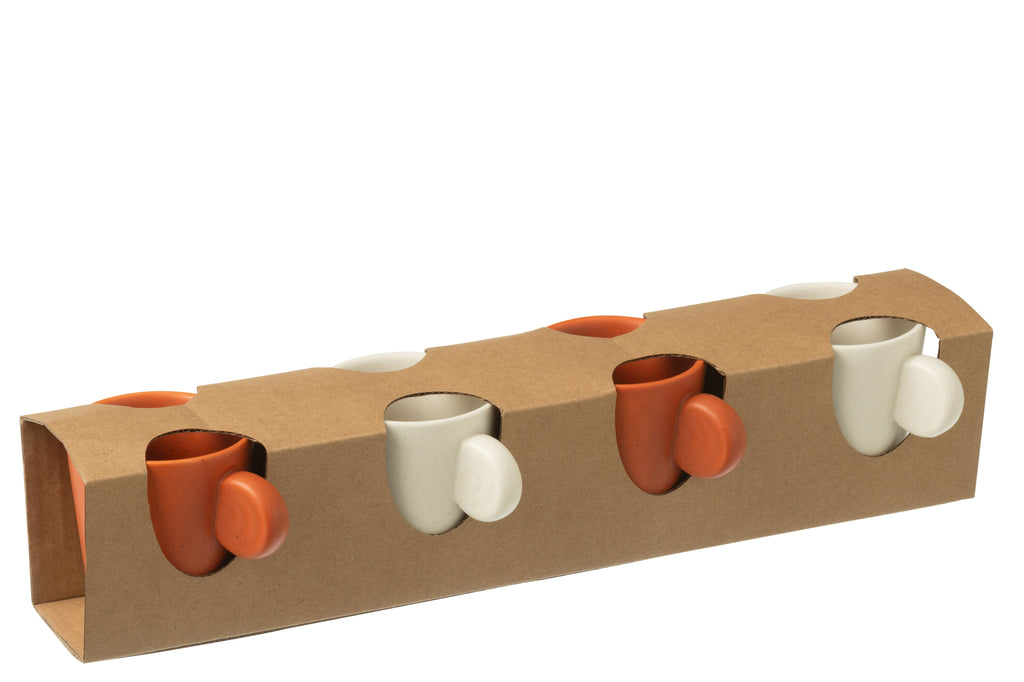 J-Line Doos met 4 koffiekopjes van aardewerk in oranje/wit.