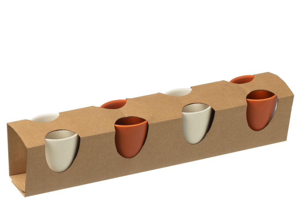 J-Line Doos met 4 koffiekopjes van aardewerk in oranje/wit.