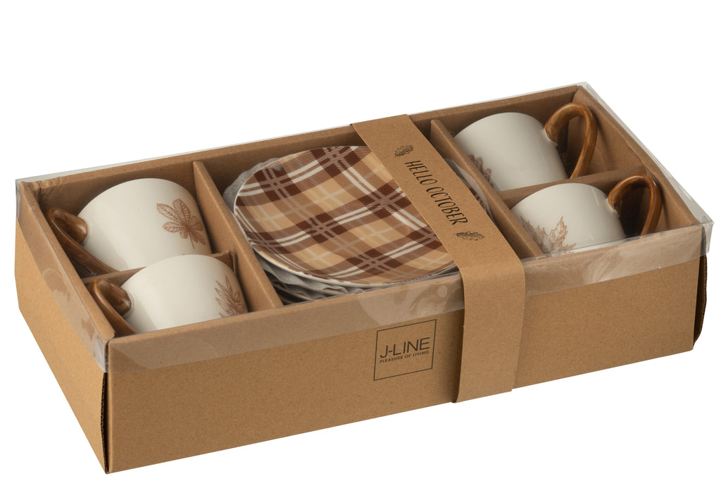 J-Line Doos met 4 theekopjes + schotels Blad Windownbox Keramiek Bruin Groot