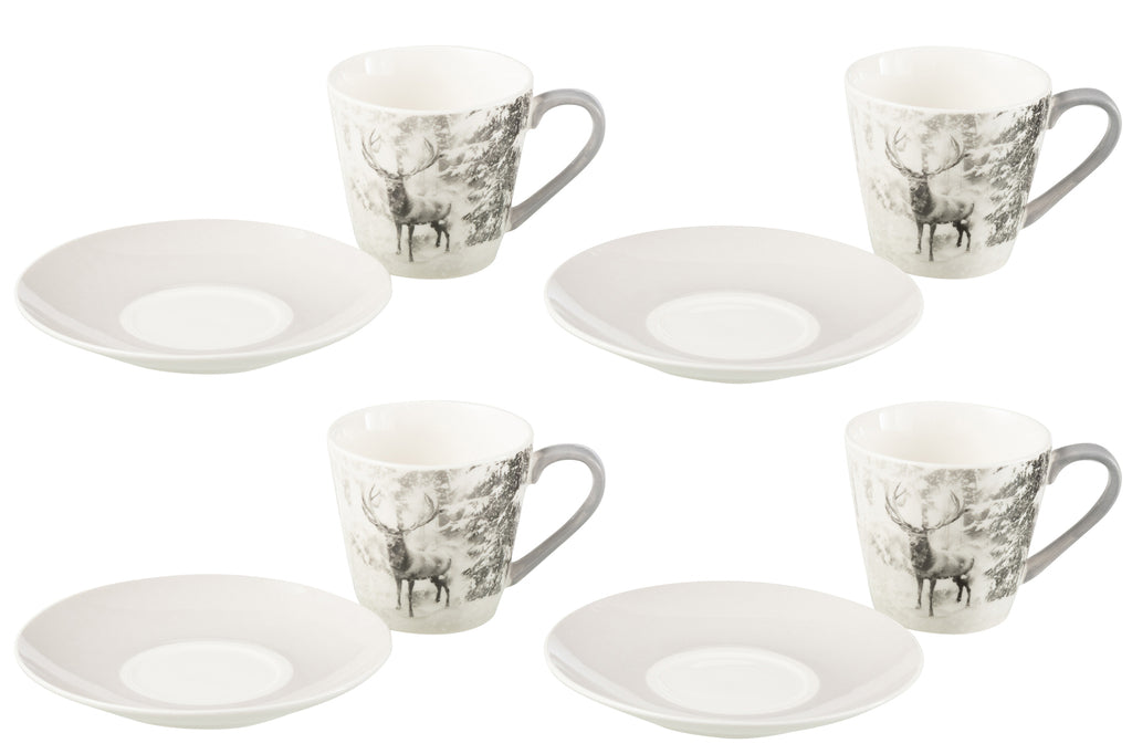 J-Line Doos met 4 theekopjes + schotels, rendier raamdoos keramiek grijs groot
