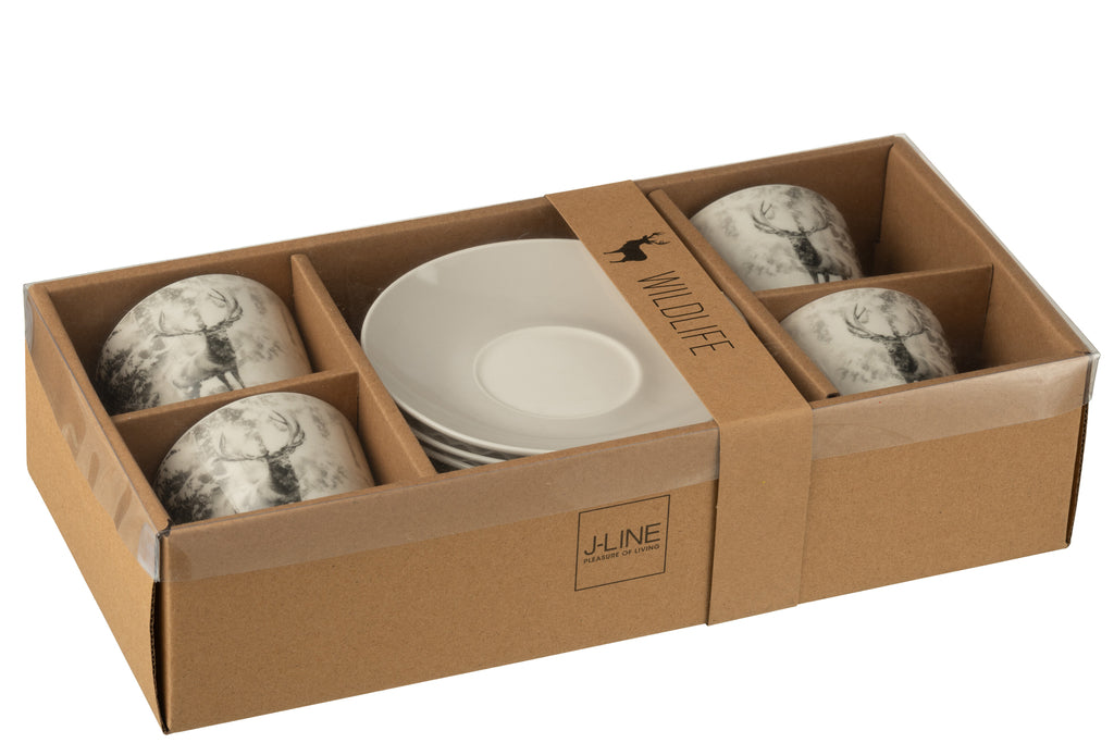 J-Line Doos met 4 theekopjes + schotels, rendier raamdoos keramiek grijs groot