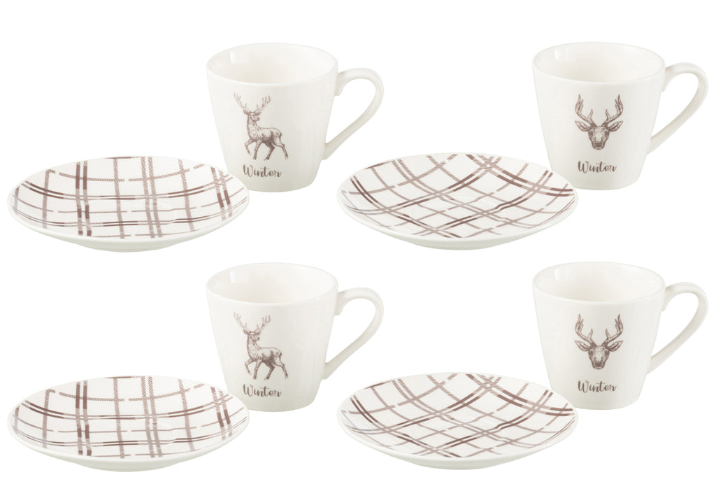 J-Line Doos met 4 theekopjes + schotels rendier raamdoos keramiek wit/bruin groot