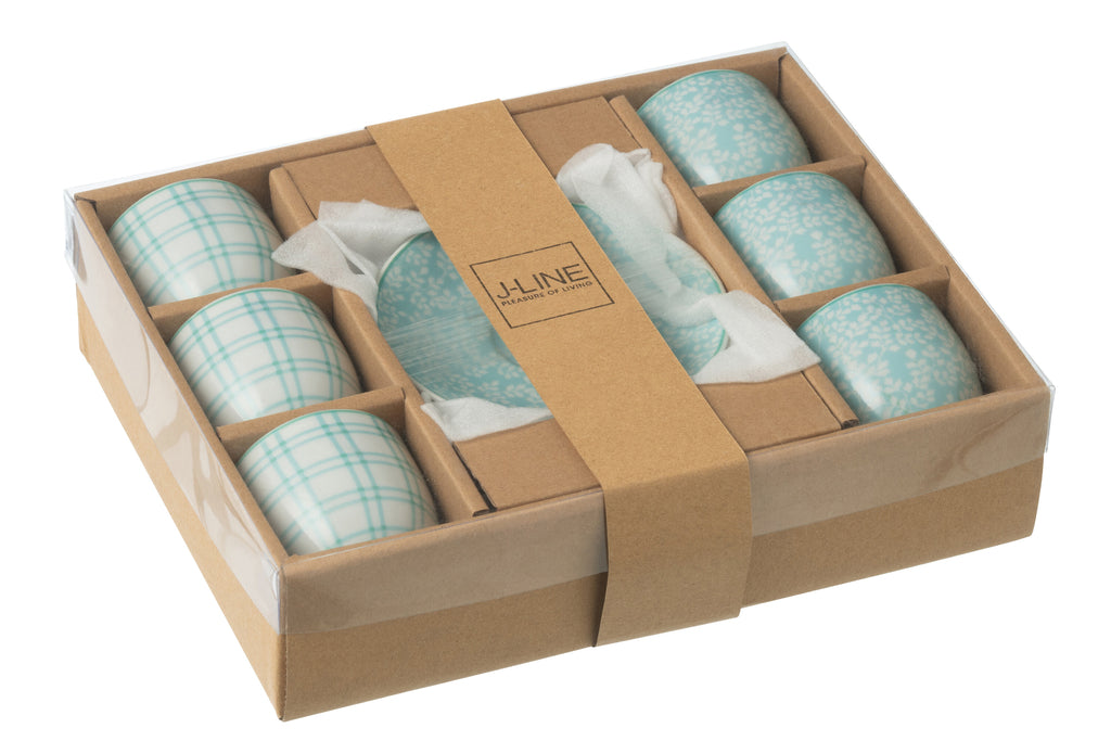 J-Line Doos met 6 koffiekopjes en schotels van keramiek in het blauw.