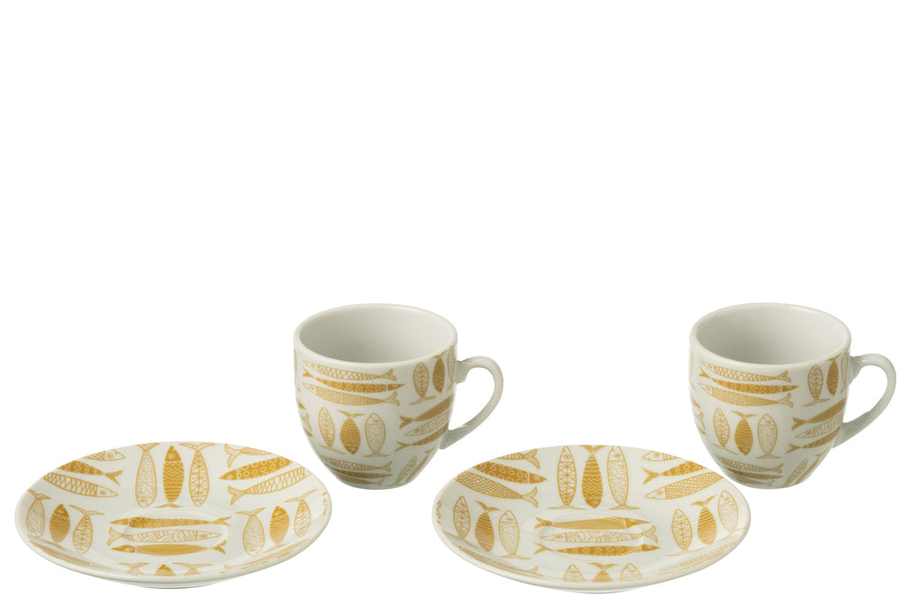 J-Line Doos met 6 koffiekopjes + schotels vis keramiek bruin