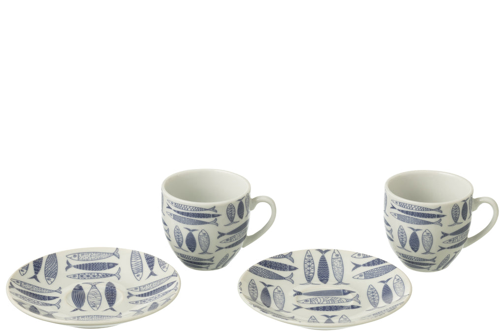 J-Line Doos met 6 koffiekopjes en schotels van viskeramiek in donkerblauw.