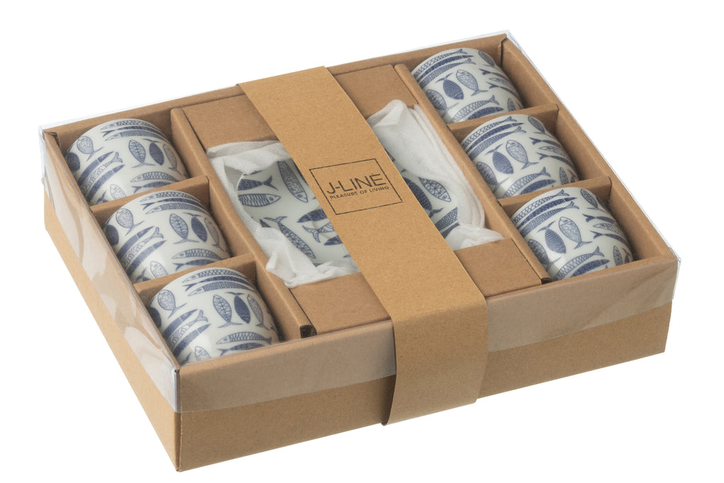 J-Line Doos met 6 koffiekopjes en schotels van viskeramiek in donkerblauw.