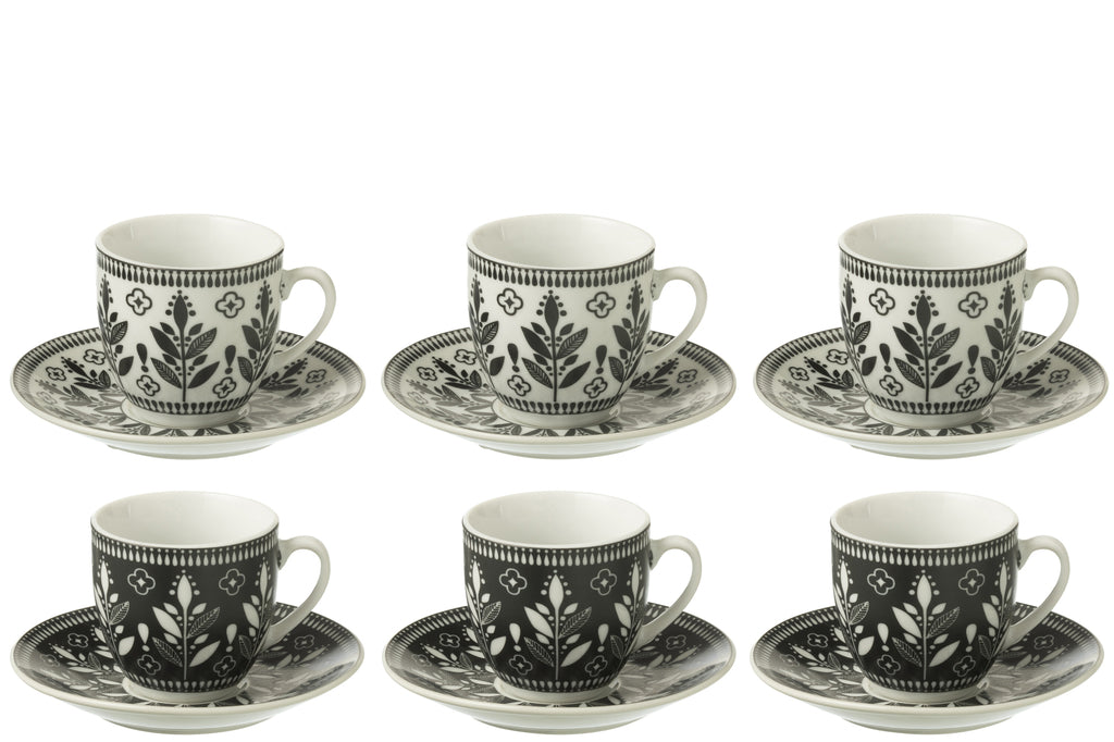 J-Line Doos met 6 koffiekopjes + schotels bladeren keramiek zwart/wit