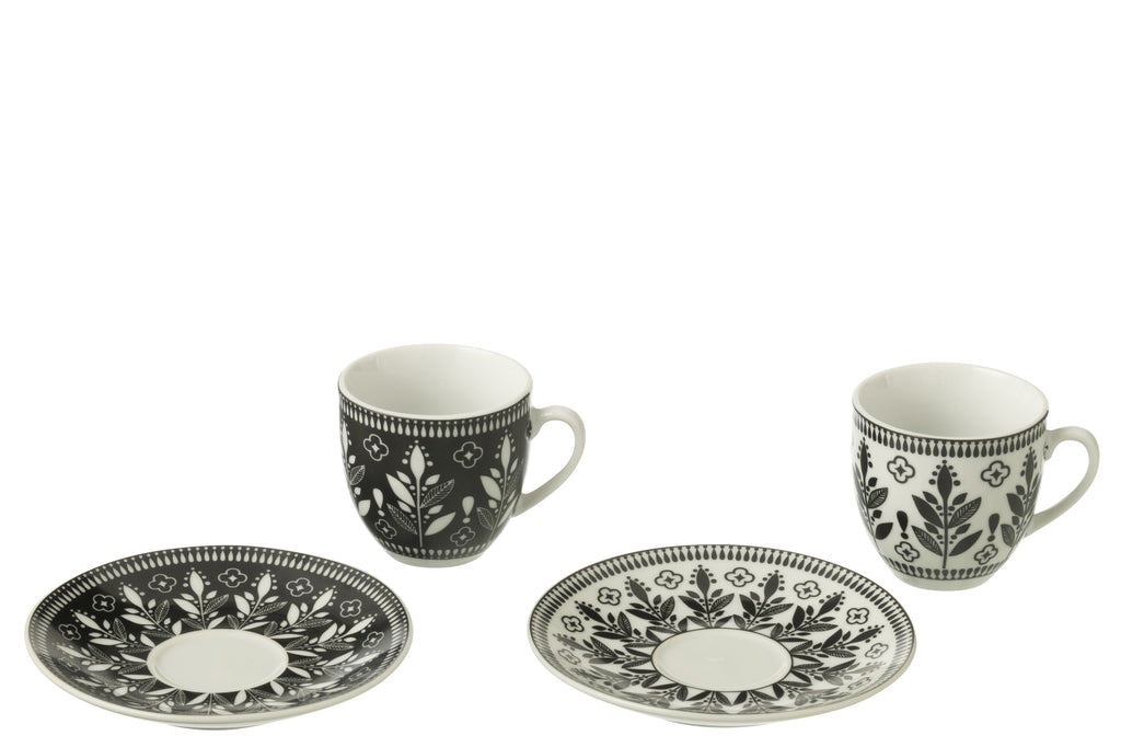 J-Line Doos met 6 koffiekopjes + schotels bladeren keramiek zwart/wit