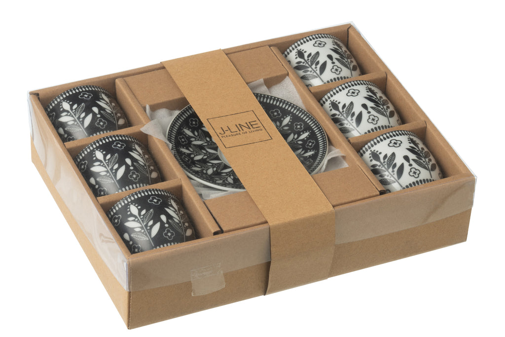 J-Line Doos met 6 koffiekopjes + schotels bladeren keramiek zwart/wit