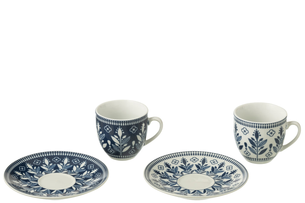 J-Line Doos met 6 koffiekopjes + schotels Bladeren Keramiek Donkerblauw