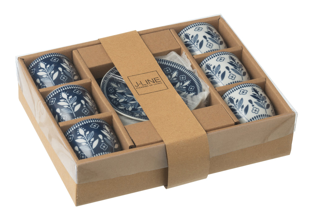 J-Line Doos met 6 koffiekopjes + schotels Bladeren Keramiek Donkerblauw