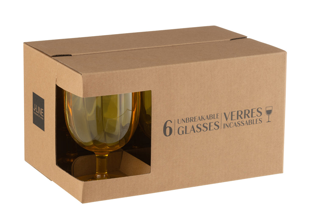 J-Line Doos van 6 stuks wijnglazen plastic geel