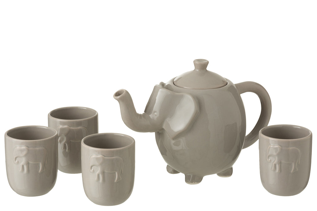 Doos Theepot + 4 Kopjes Olifant Keramiek Grijs