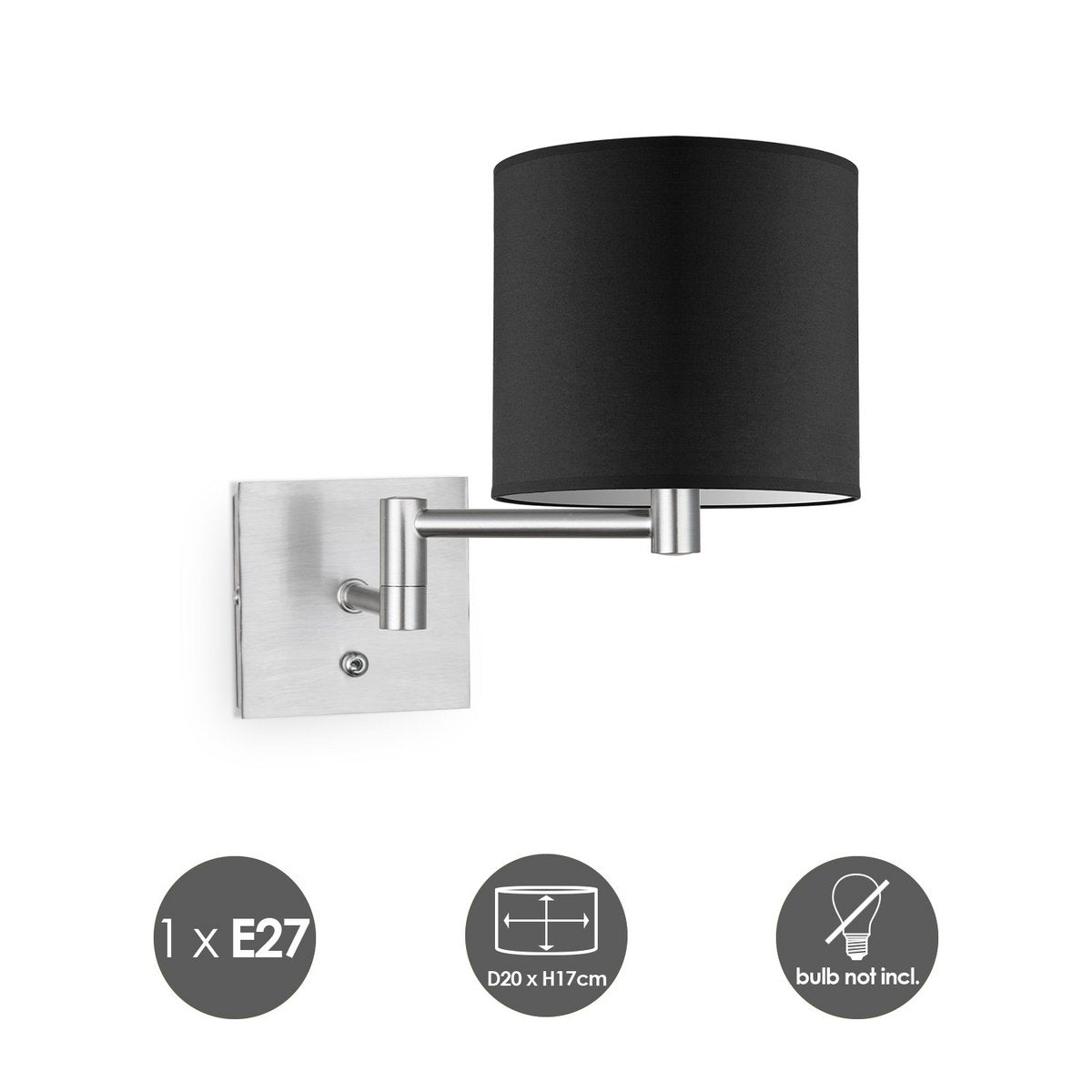 Wandlamp - Swing, E27, zwart Lampenkap 20x17cm