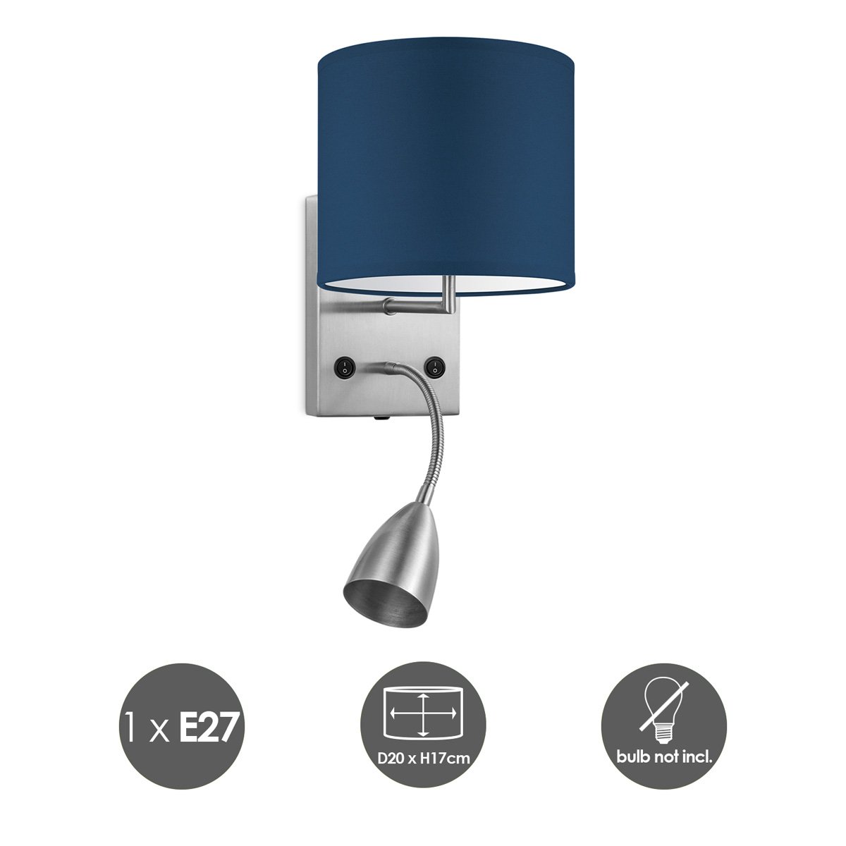 Wandlamp - Read, LED Leeslamp, E27, donkerblauw 20cm