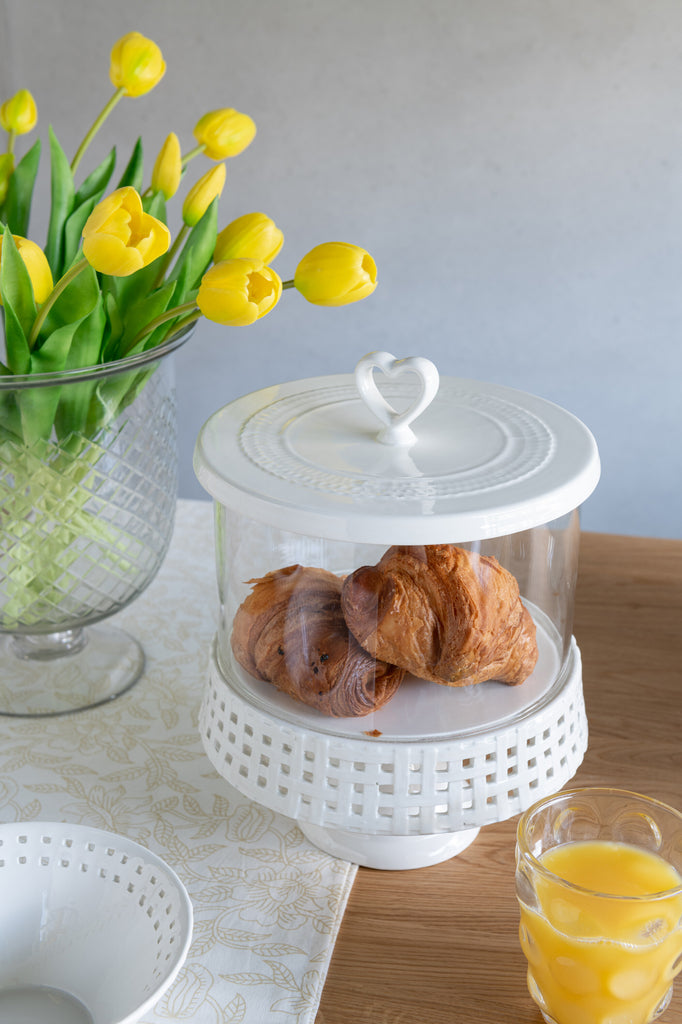 Taartplateau onder glas keramiek wit groot