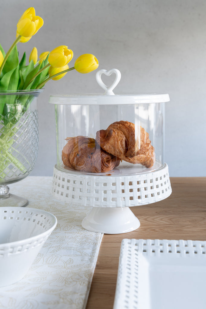 Taartplateau onder glas keramiek wit groot