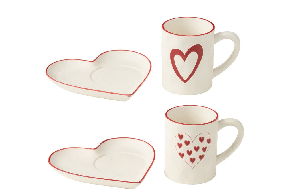 Kopjes + Schotel Harten Porselein Wit/Rood Assortiment Van 2
