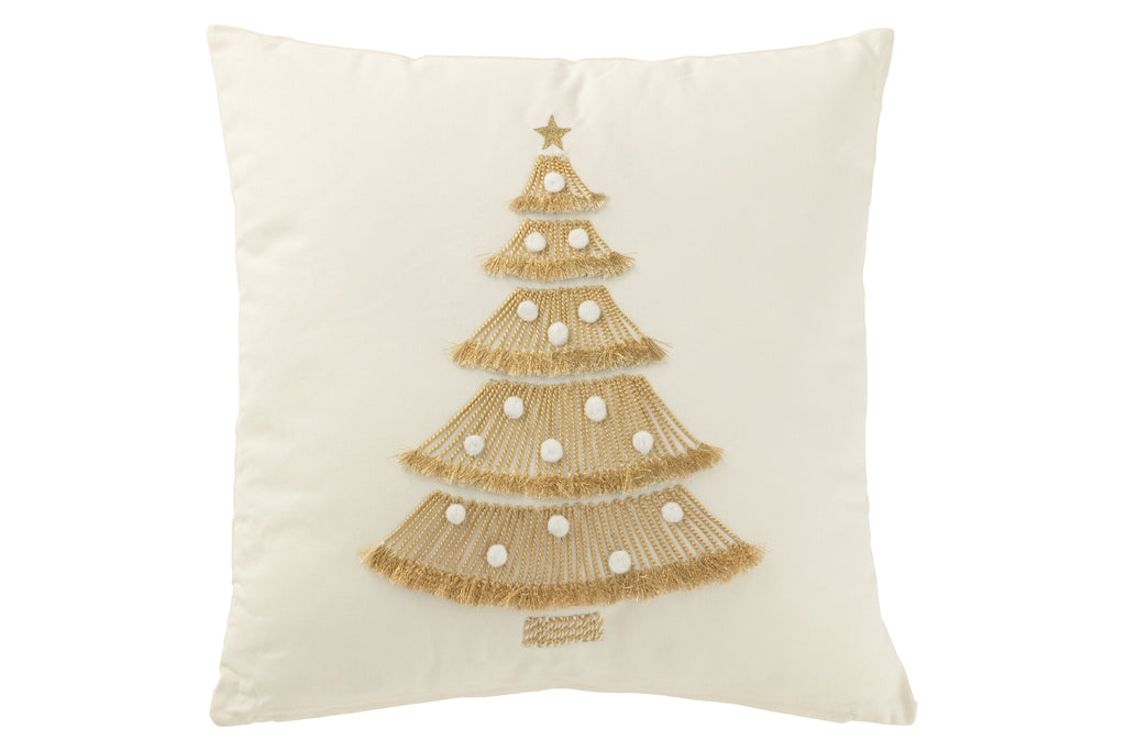 J-Line Kussen Kerstboom Franjes+Pompoms Katoen Wit/Goud