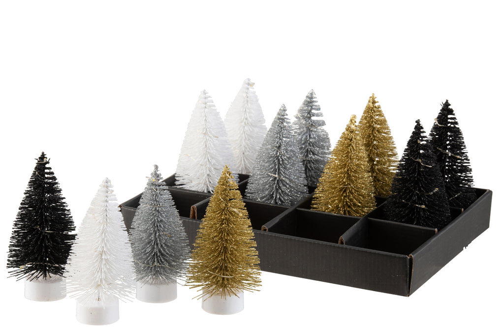 J-Line Display 12Kerstboom+Led Glitter Plastic Zwart/Zilver/Goud