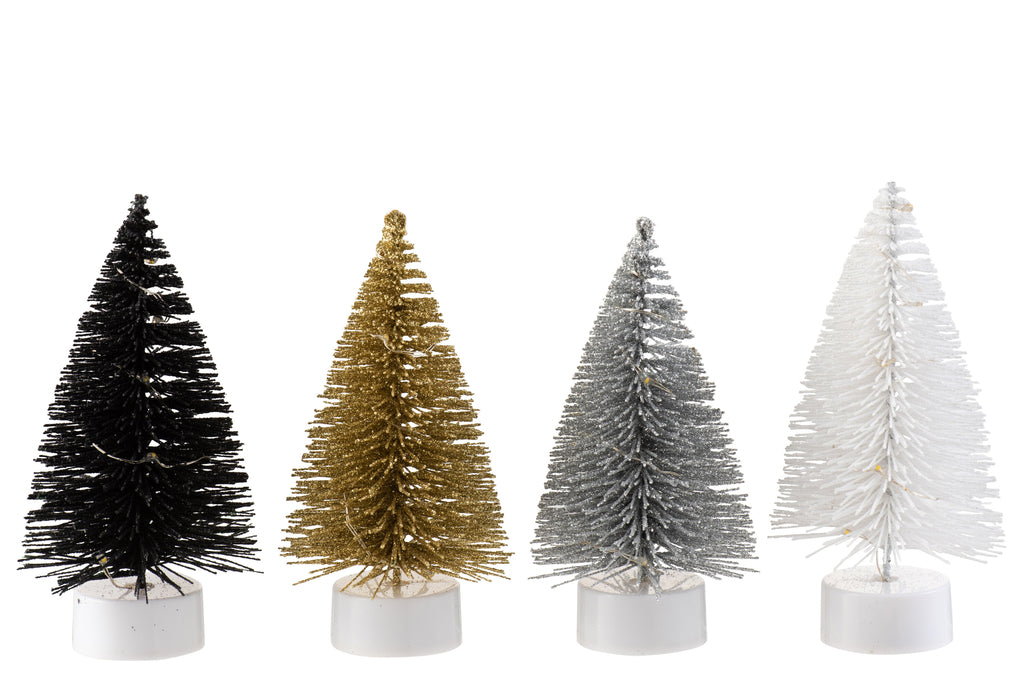 J-Line Display 12Kerstboom+Led Glitter Plastic Zwart/Zilver/Goud