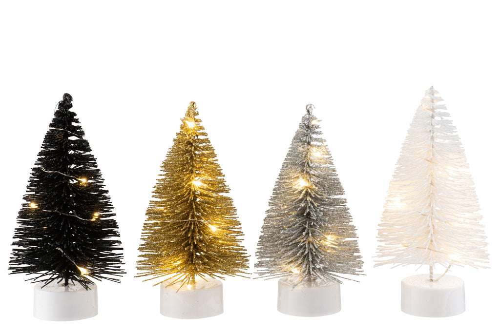 J-Line Display 12Kerstboom+Led Glitter Plastic Zwart/Zilver/Goud