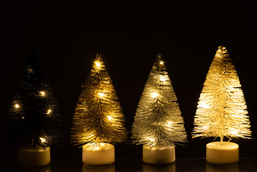 J-Line Display 12Kerstboom+Led Glitter Plastic Zwart/Zilver/Goud