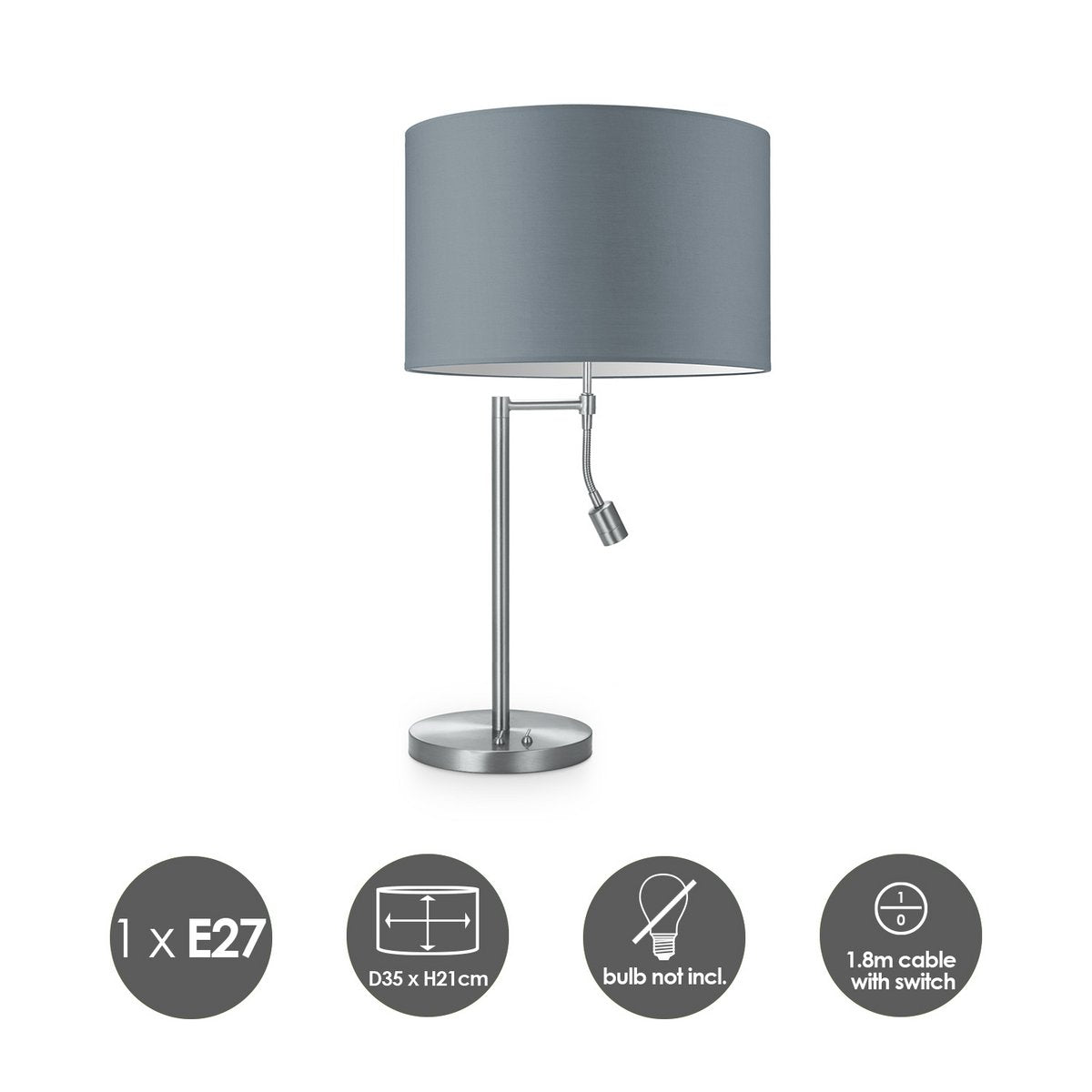 Tafellamp Read, LED Leeslamp, E27, grijs 35x35x47cm
