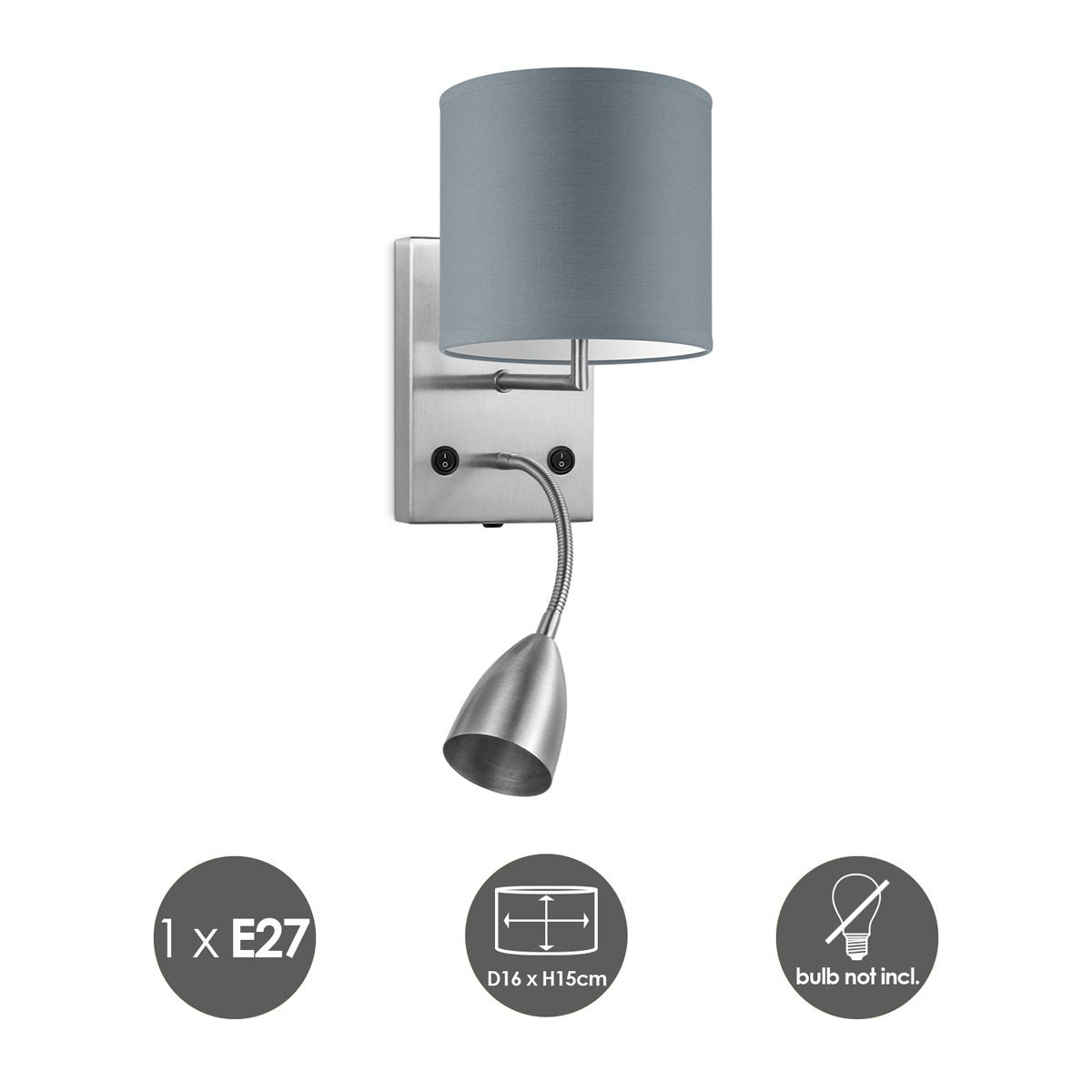 Wandlamp - Read, LED Leeslamp, E27, grijs 16cm
