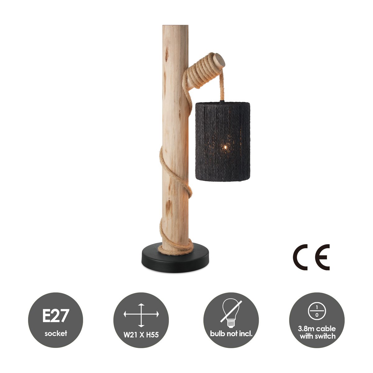 Landelijke tafellamp Maritime - bedlampje - Zwart Touw
