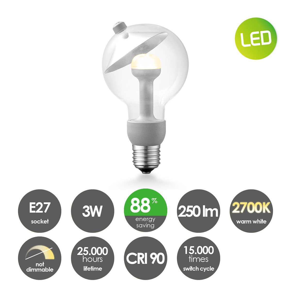 LED lamp Cone zilver G80 E27 3W 220Lm 2700K