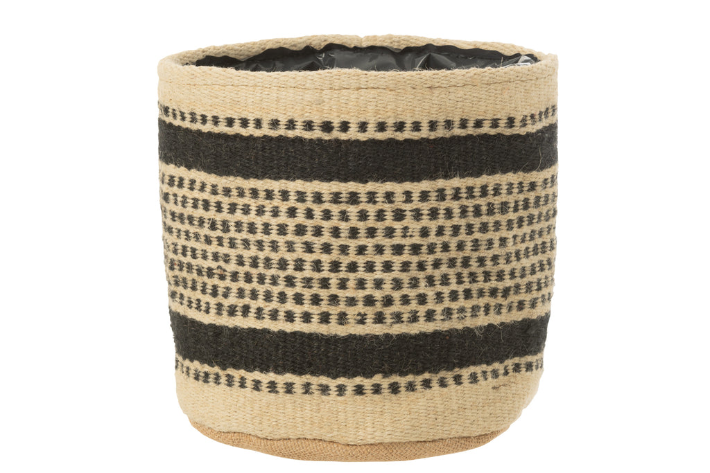 Bloempot/Mand Strepen/Stippen Jute/Plastic Ecru/Zwart Groot