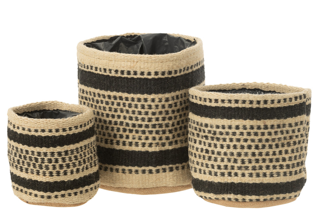 Bloempot/Mand Strepen/Stippen Jute/Plastic Ecru/Zwart Groot