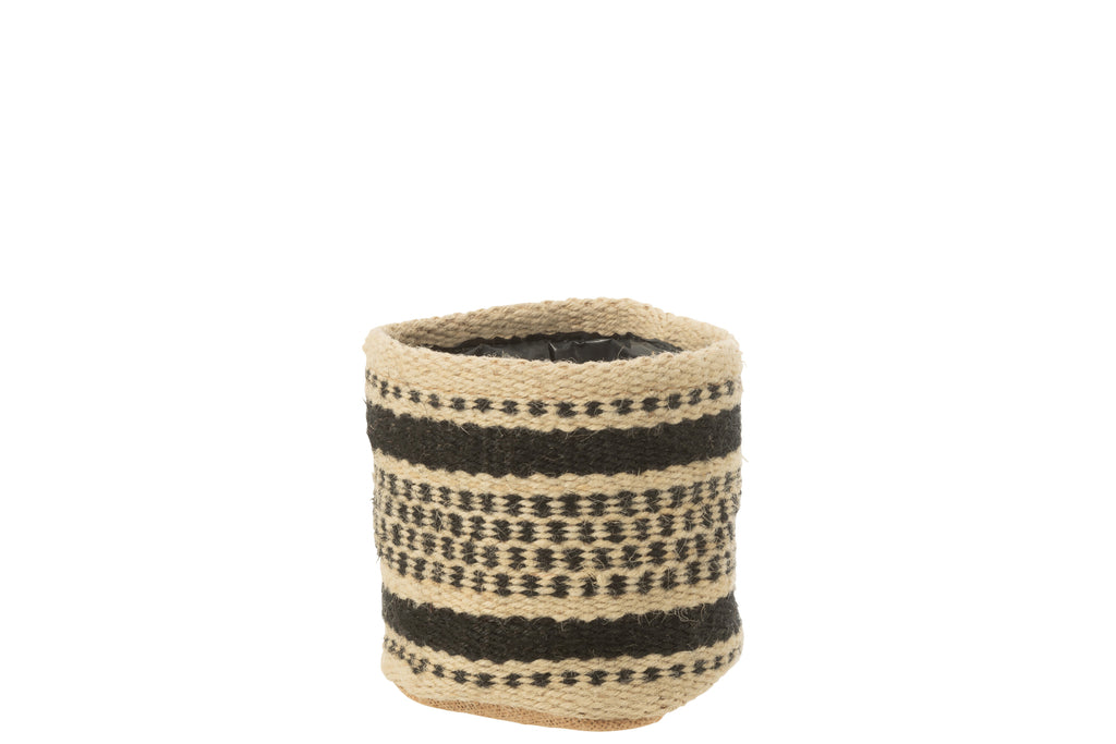 Bloempot/Mand Strepen/Stippen Jute/Plastic Ecru/Zwart Klein