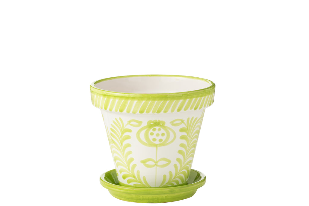 Bloempot + Bord Granada Handgemaakt/Handbeschilderd Keramiek Groen/Wit Groot