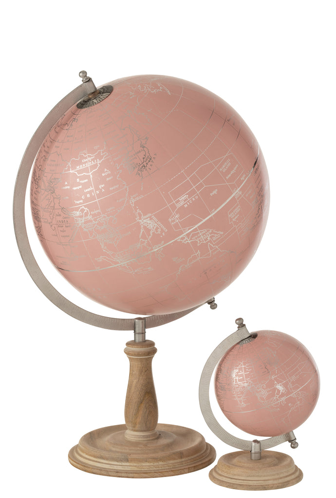 Wereldbol Op Voet Hout Lichtroze/Goud Medium