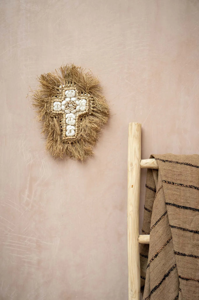 Het Raffia Shell Kruis - Naturel Wit - L
