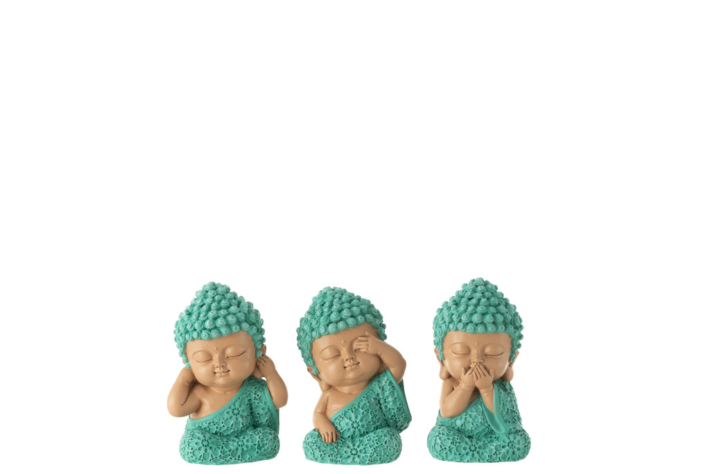 Monnik Zie/Hoor/Spreek Hars Azuurblauw Assortiment van 3