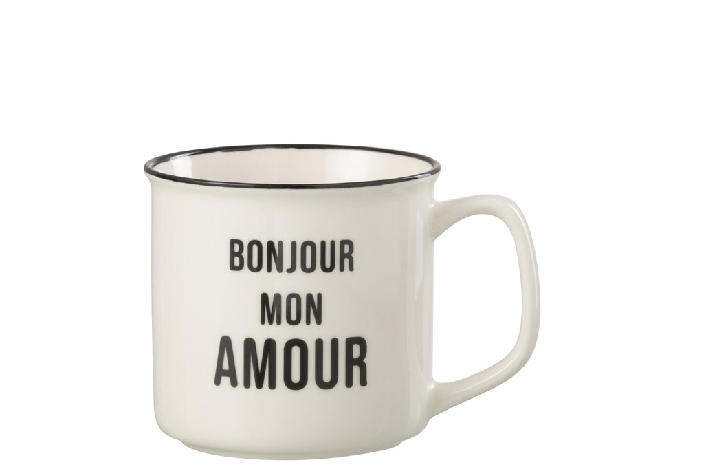 Mok Bericht Bonjour Porselein Wit/ Zwart
