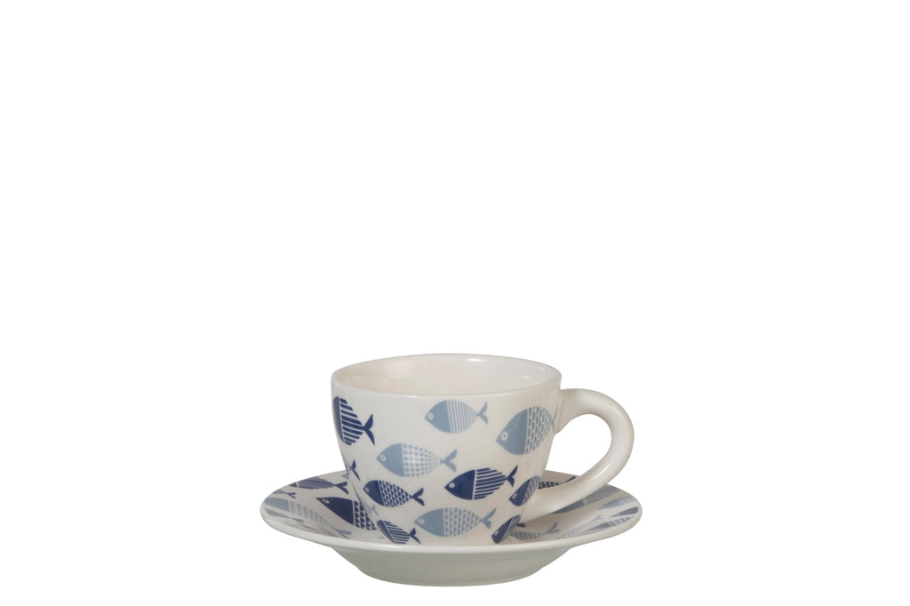 Mok + Oplader Plaat Vis Porselein Wit/Blauw