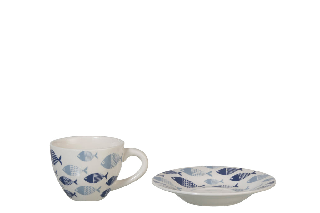 Mok + Oplader Plaat Vis Porselein Wit/Blauw